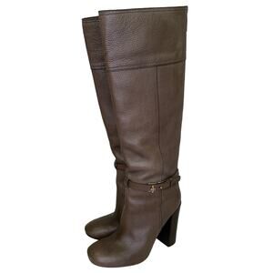 Tory Burch Jenna Knee High Tall Boots Grey High Heels Size 9.5 Gold Details